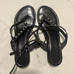 Express Black Leather Strappy Sandals with Silver Accents